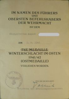 Ankauf & Verkauf Verleihungsurkunde der Medaille zur Winterschlacht im Osten 1941/42